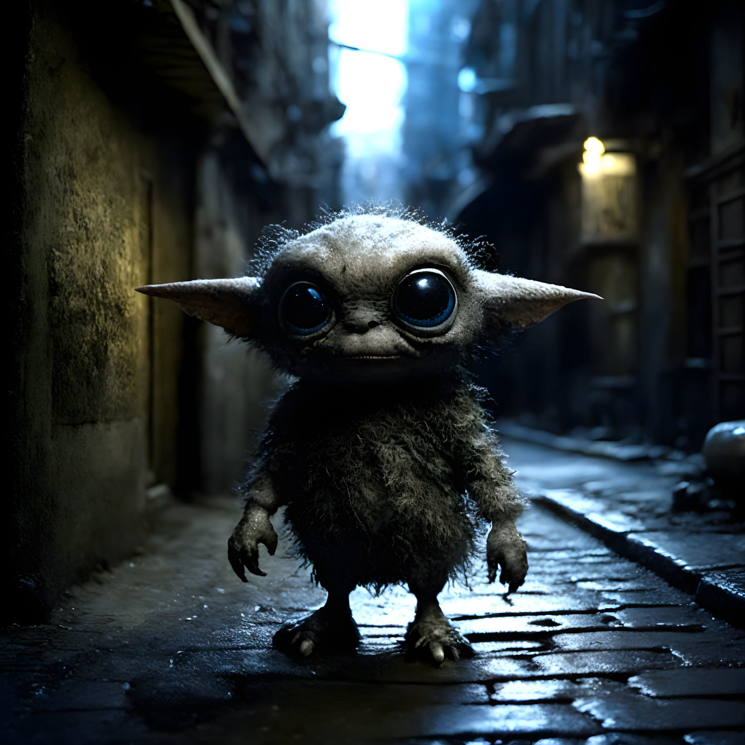 Blue-eyed furry creature in fantasy alleyway