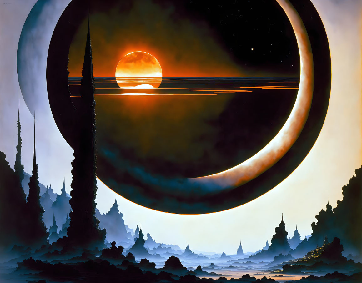 Ringed Planet Sunset Over Dark Forest in Sci-Fi Landscape