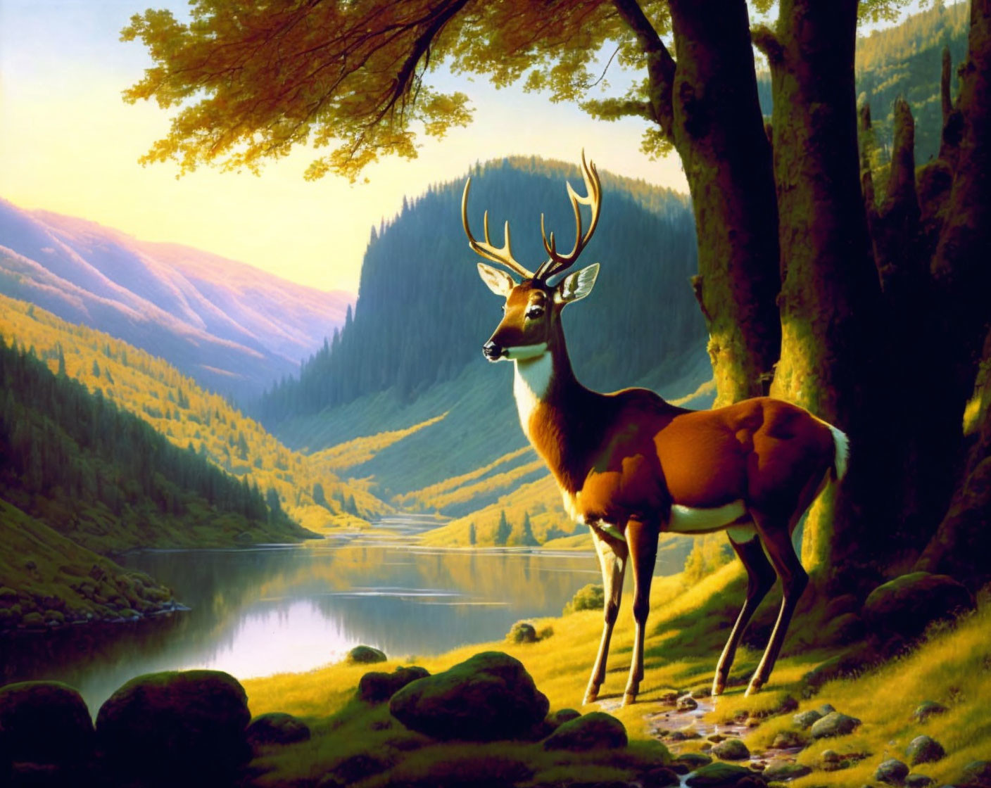 Majestic deer by tranquil river at sunrise or sunset