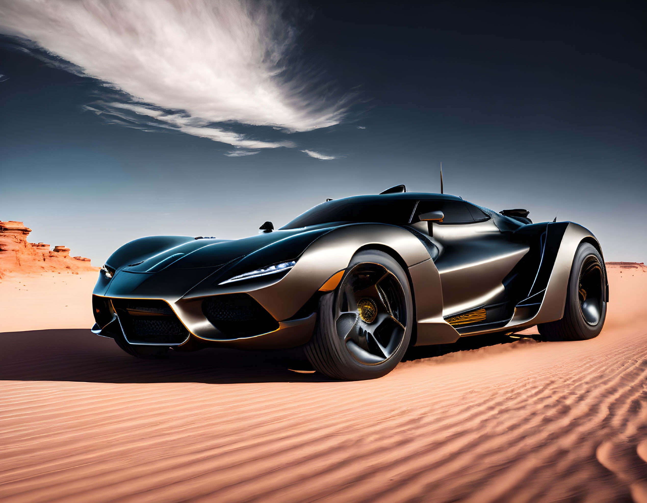 Black sports car with unique design in desert landscape