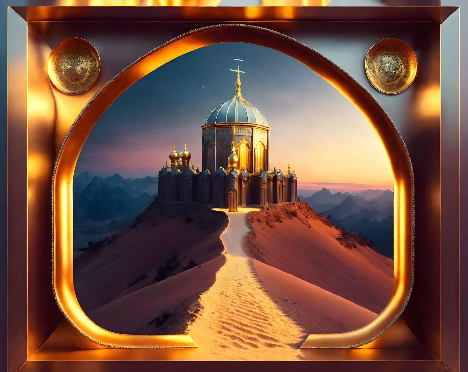 Golden frame surrounds surreal glowing cathedral in desert landscape