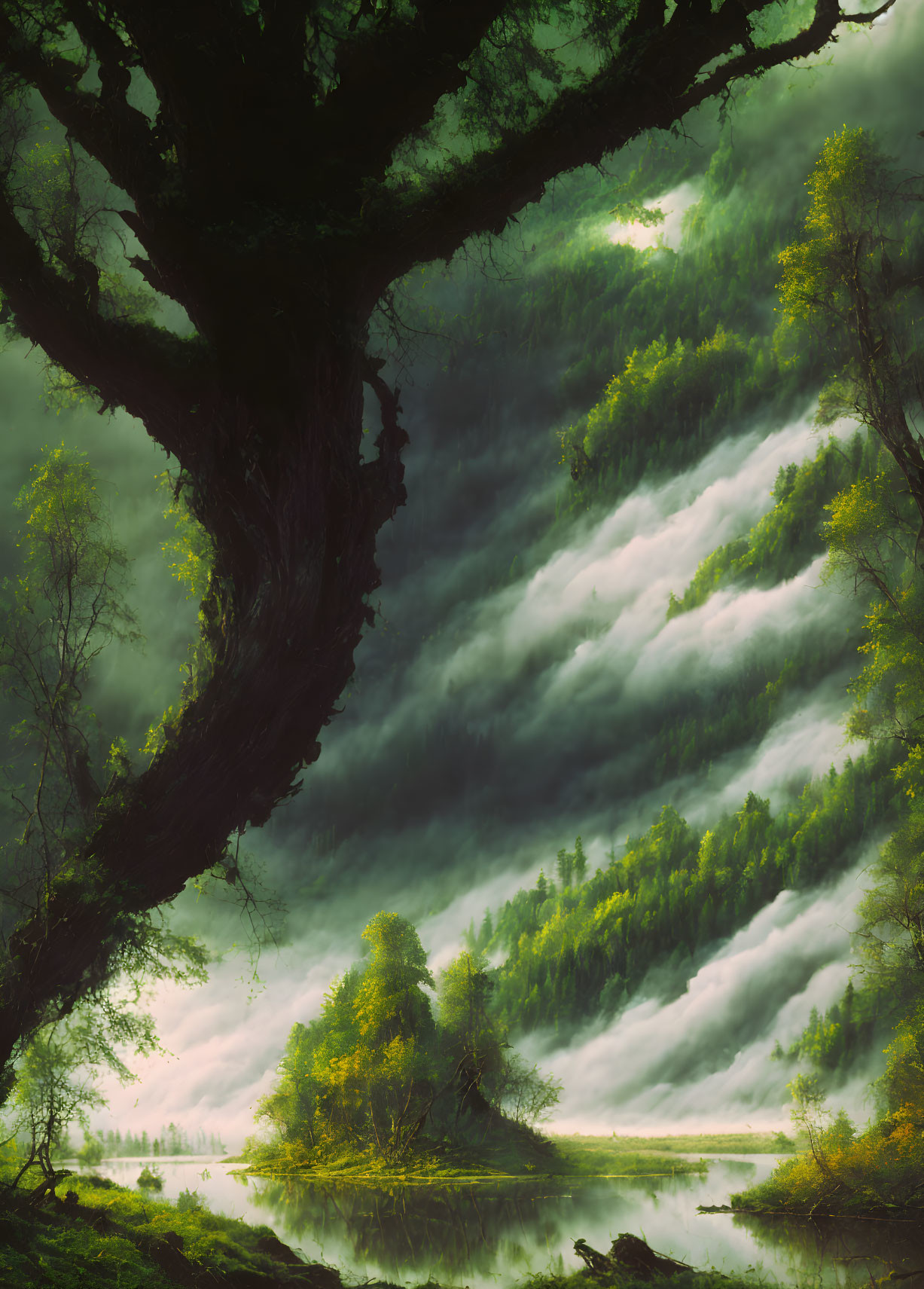 Surreal landscape with gnarled tree, misty river, and lush greenery