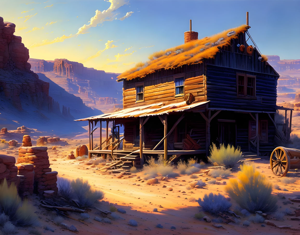Rustic wooden cabin in desert landscape at sunset