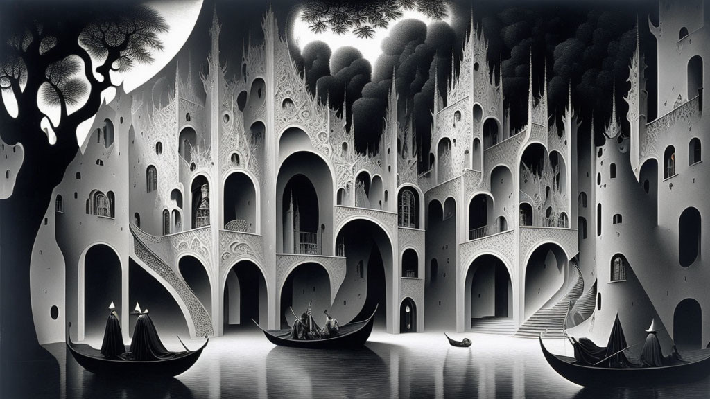 Detailed black and white surreal architectural illustration with arches, stairs, boats, and tree-like forms