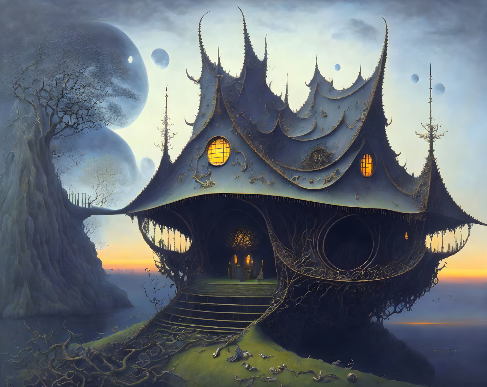 Fantastical treehouse painting with twilight sky and multiple moons