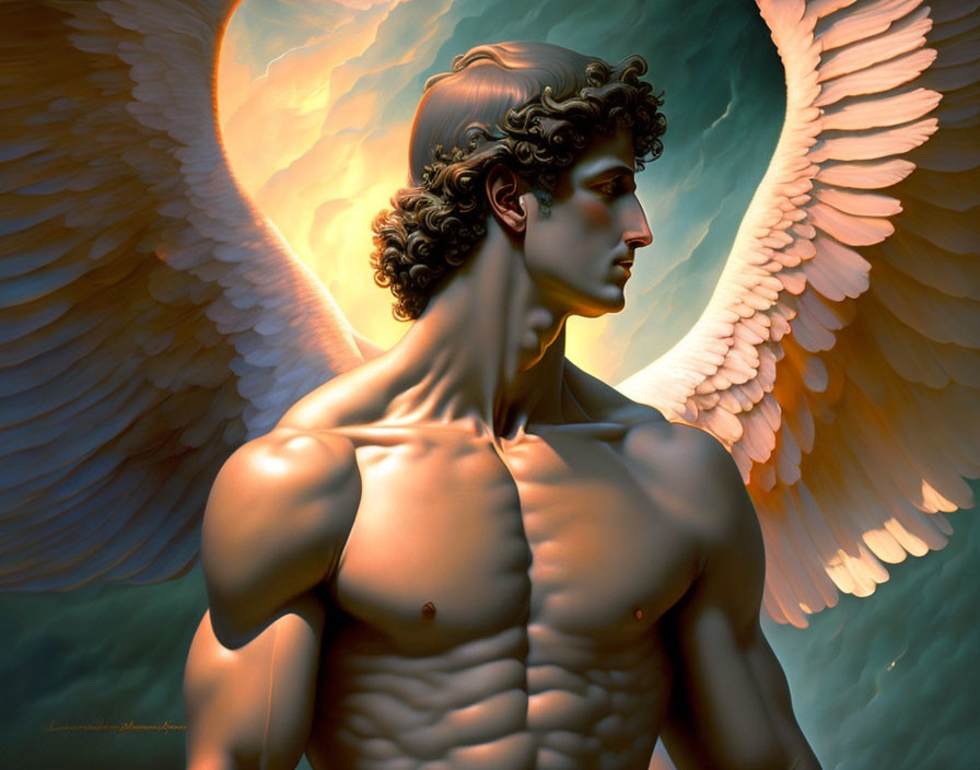 Muscular male angel with white wings and halo.