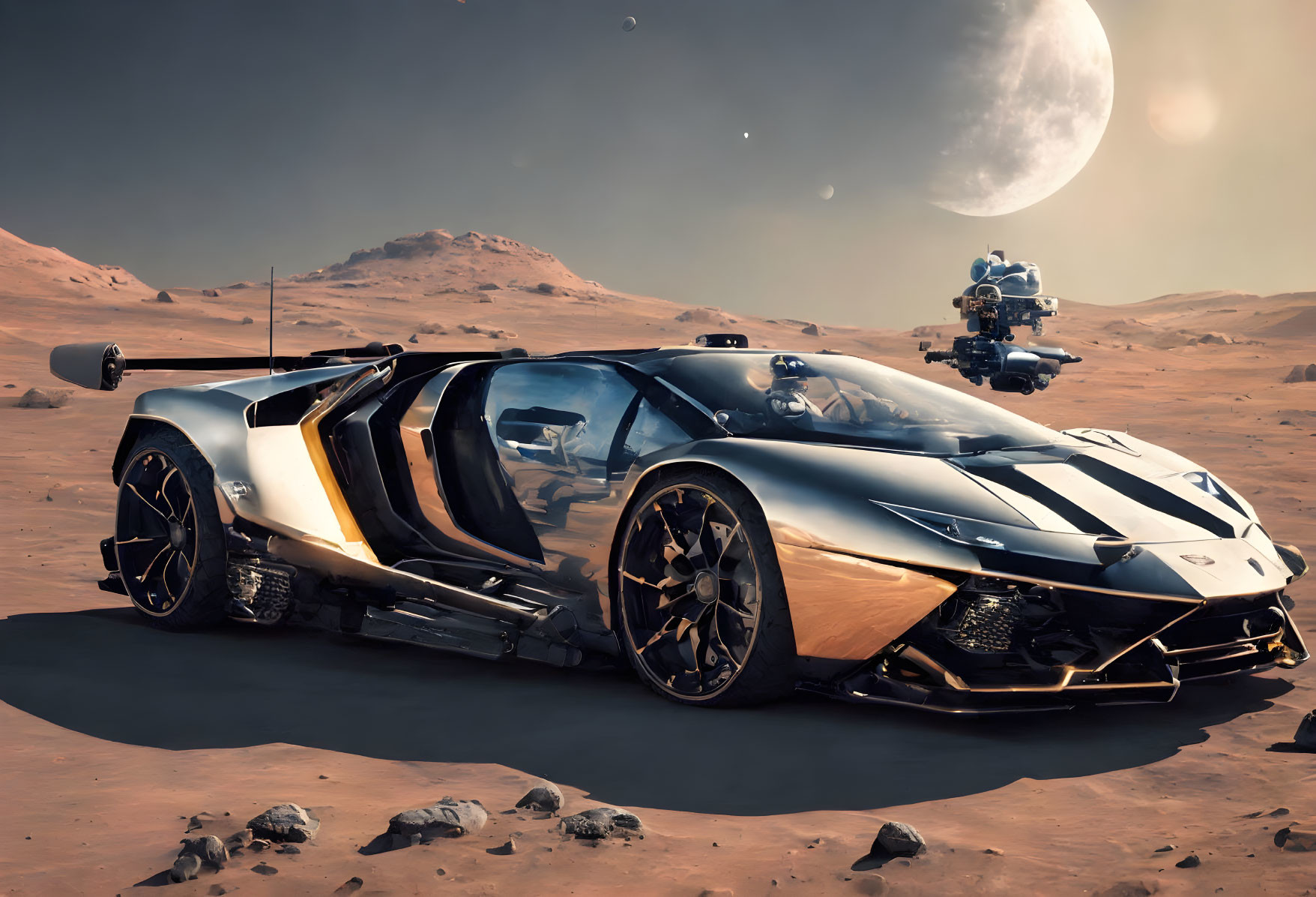 Futuristic sports car with gold accents on Martian landscape