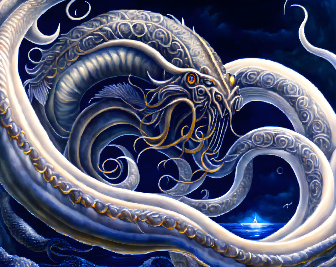 Gigantic sea serpent with ornate patterns dwarfs sailboat in moonlit ocean