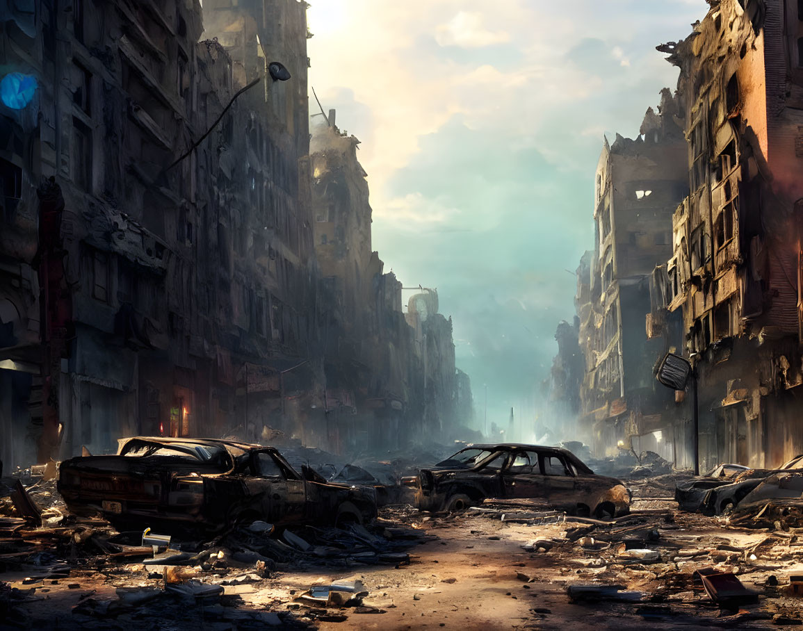 Desolate post-apocalyptic city street with abandoned buildings, cars, and sunlight.