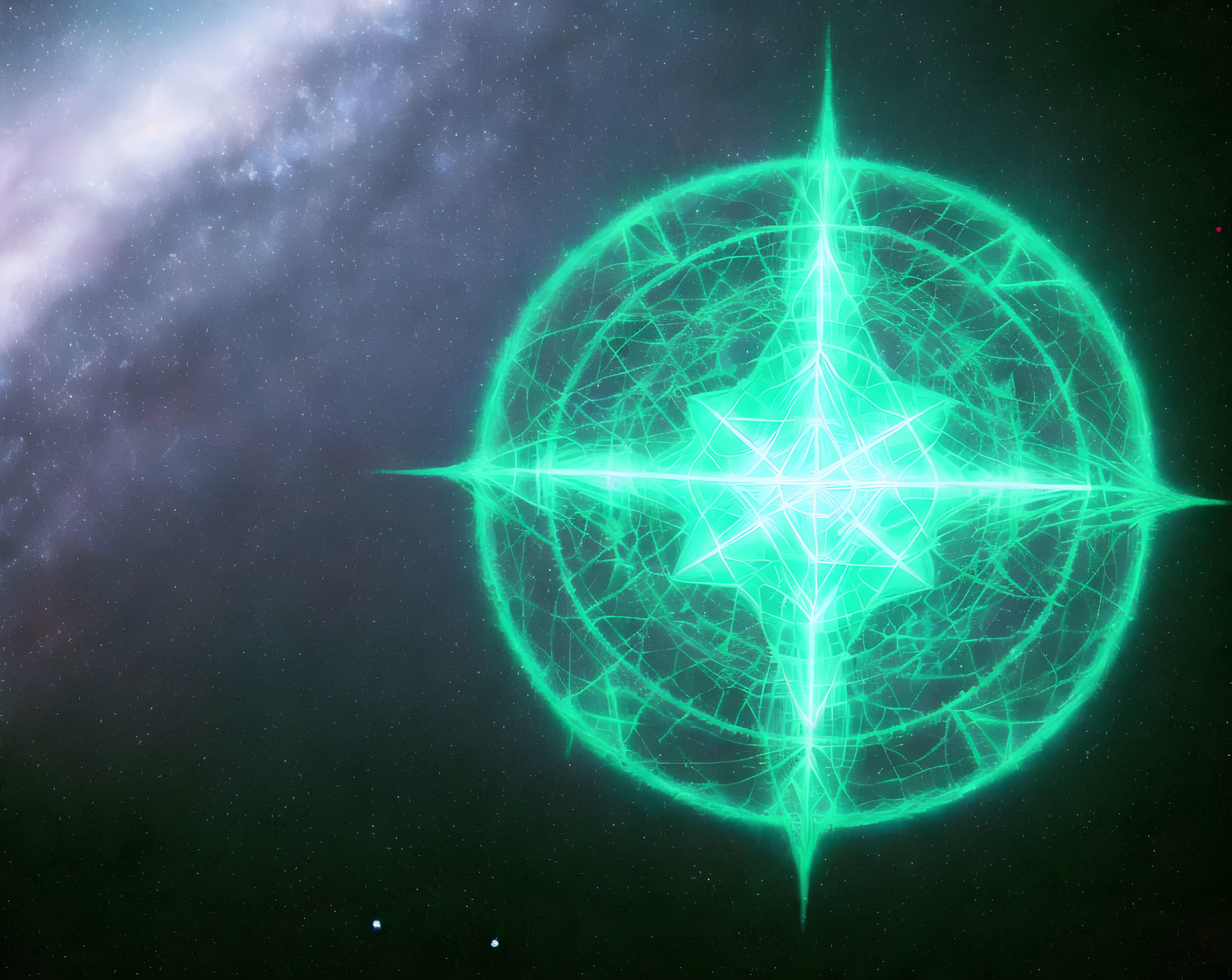 Vibrant green star-shaped geometric pattern on cosmic nebula background