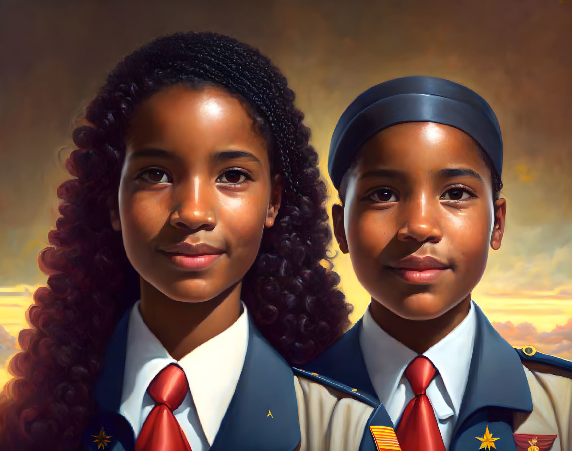 Children in uniforms with red ties and badges at sunrise or sunset