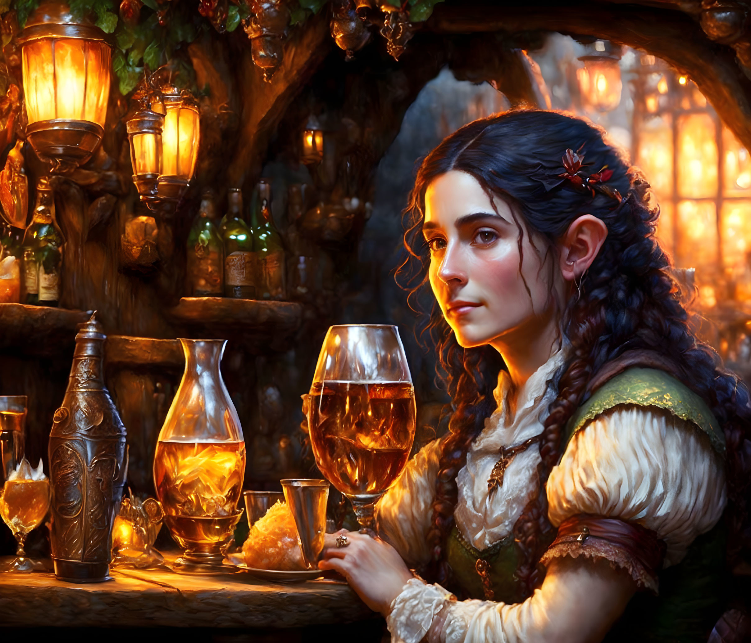 Fantasy illustration of braided hair elven woman at lantern-lit bar