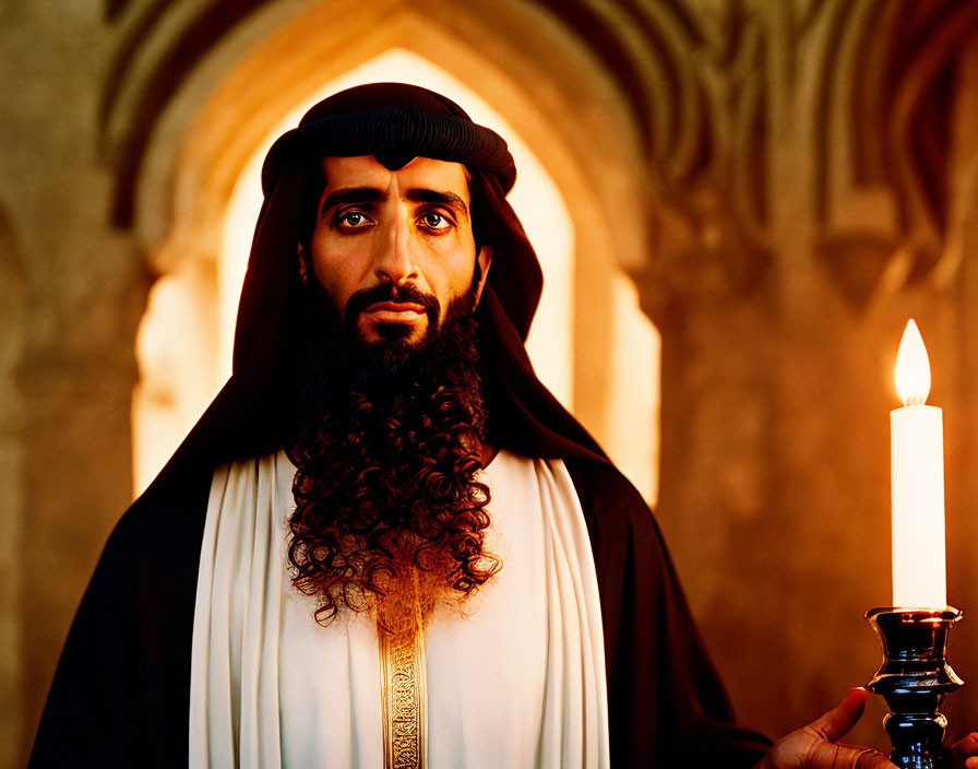 Traditional Middle Eastern man with candlestick in warm-lit room