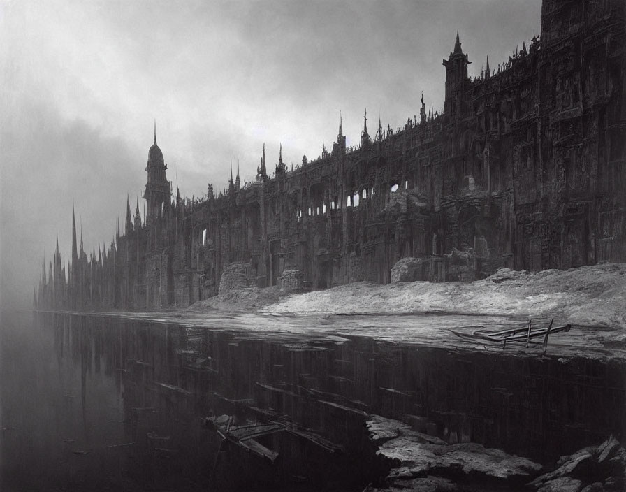 Misty waterfront with Gothic cathedral-like architecture