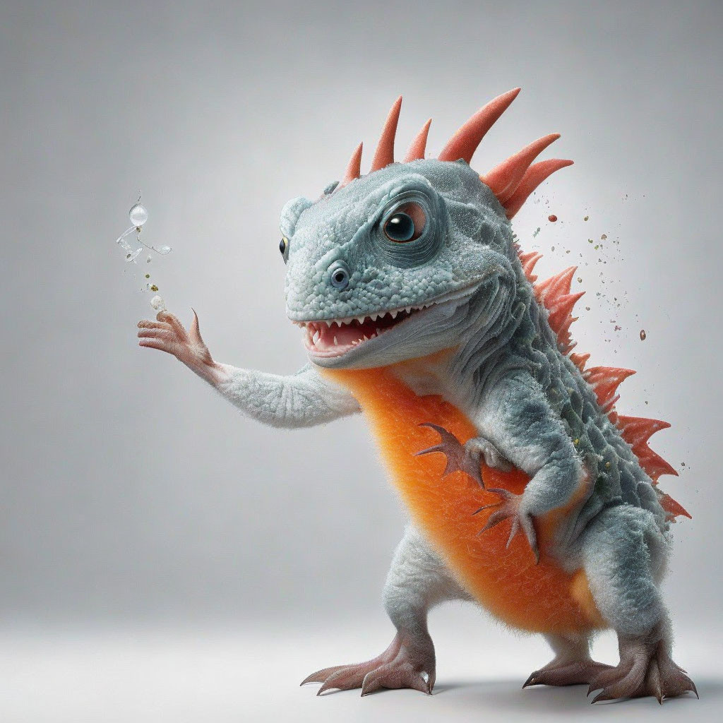 Colorful lizard-like creature with red spikes and orange belly gazes at water droplet