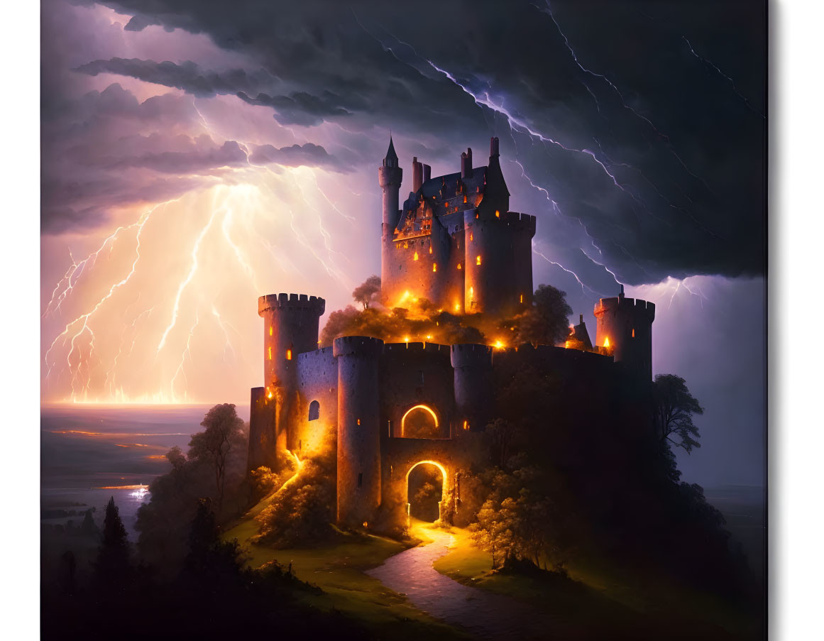 Medieval castle on hill with stormy sky and lightning.