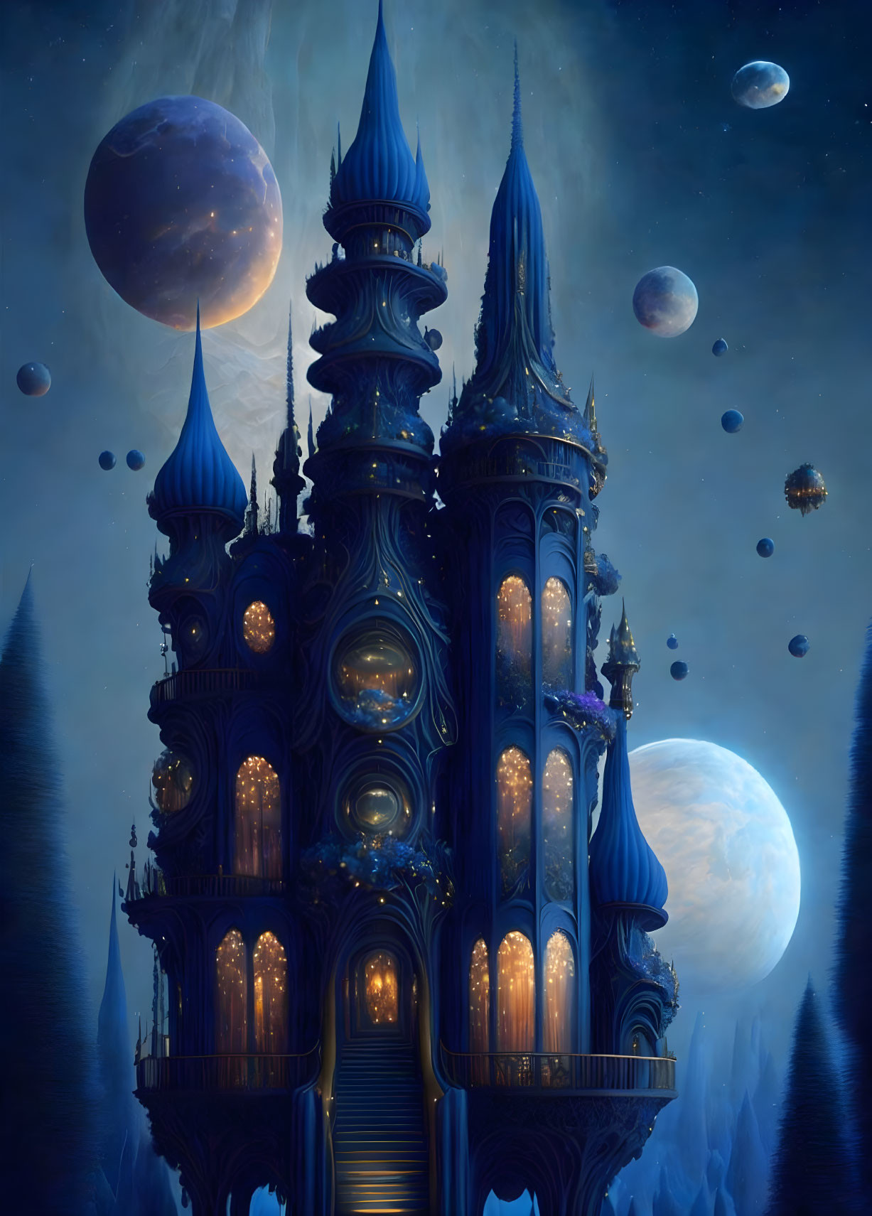 Gothic castle with spires under multiple moons & floating rocks