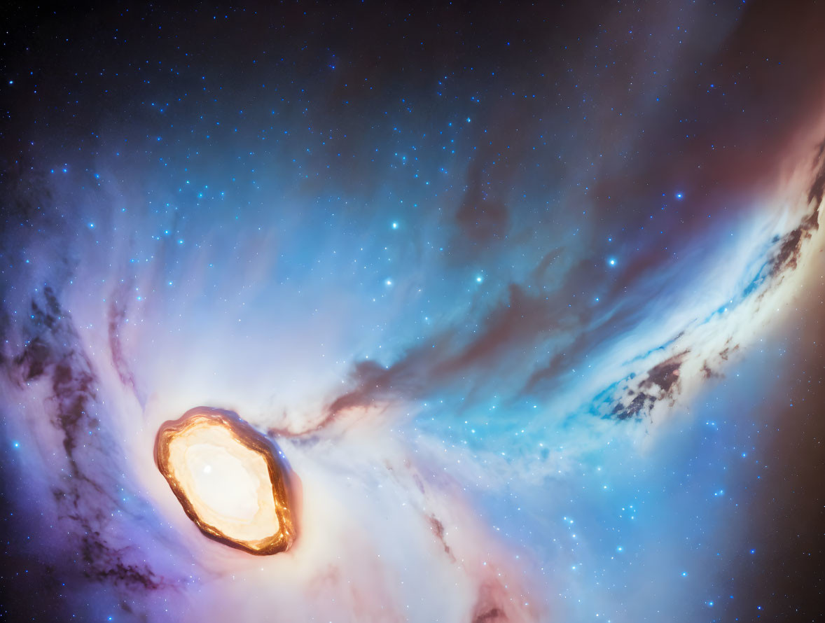 Glowing golden ring in blue and white space clouds