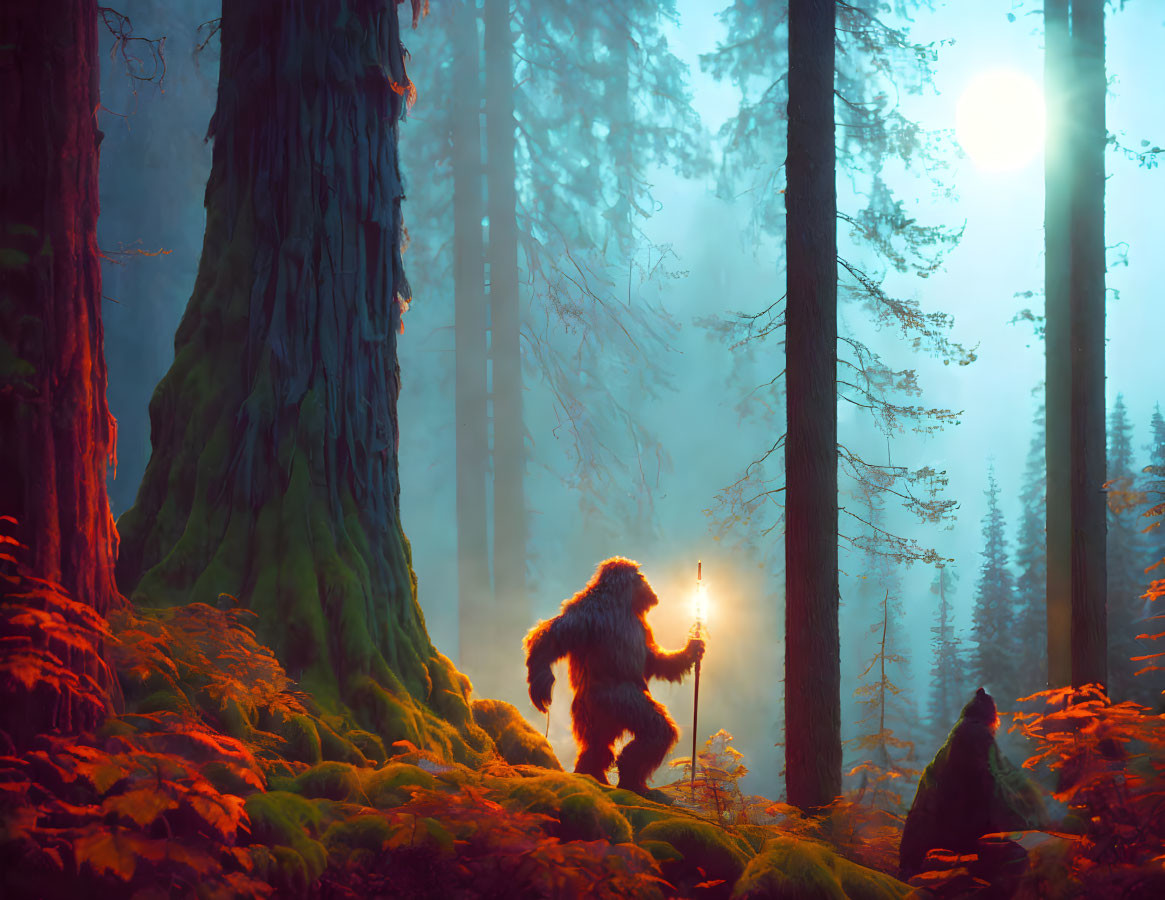 Enchanting forest landscape with towering trees and mystical figures