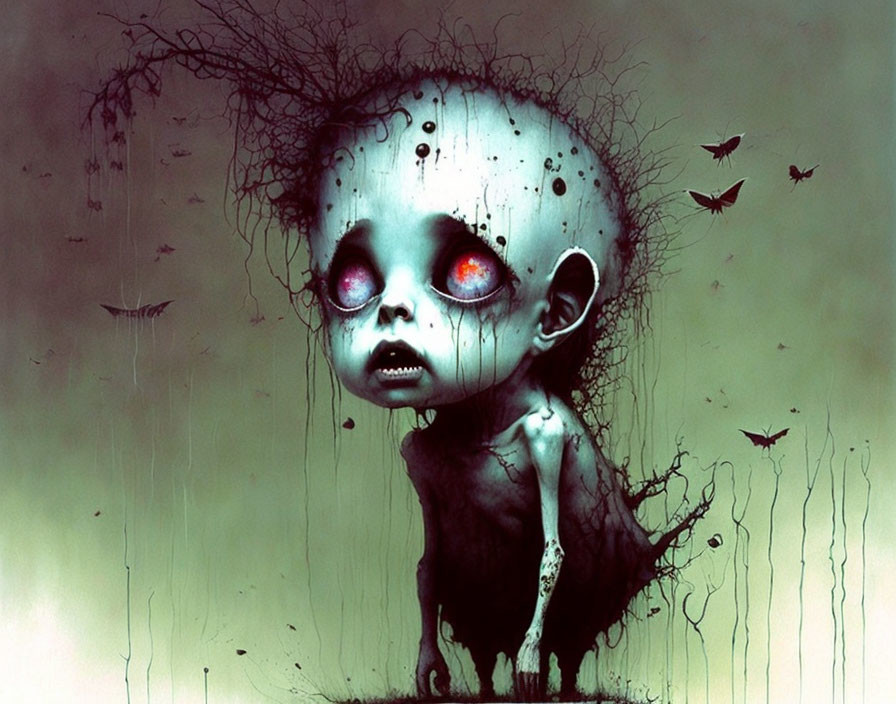 Surreal child-like figure with oversized eyes in dark setting