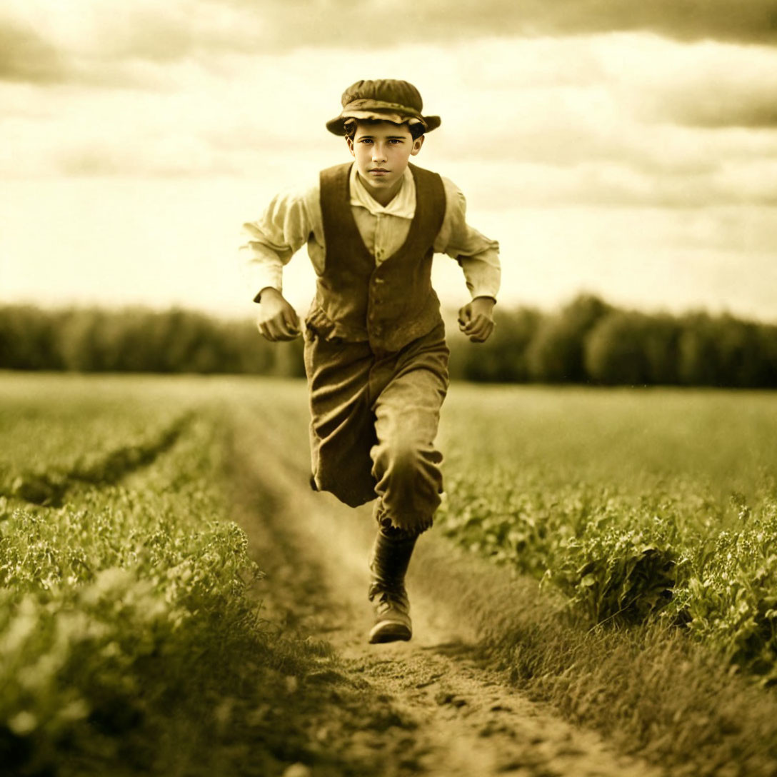 Young boy in vintage clothing running in field under cloudy sky