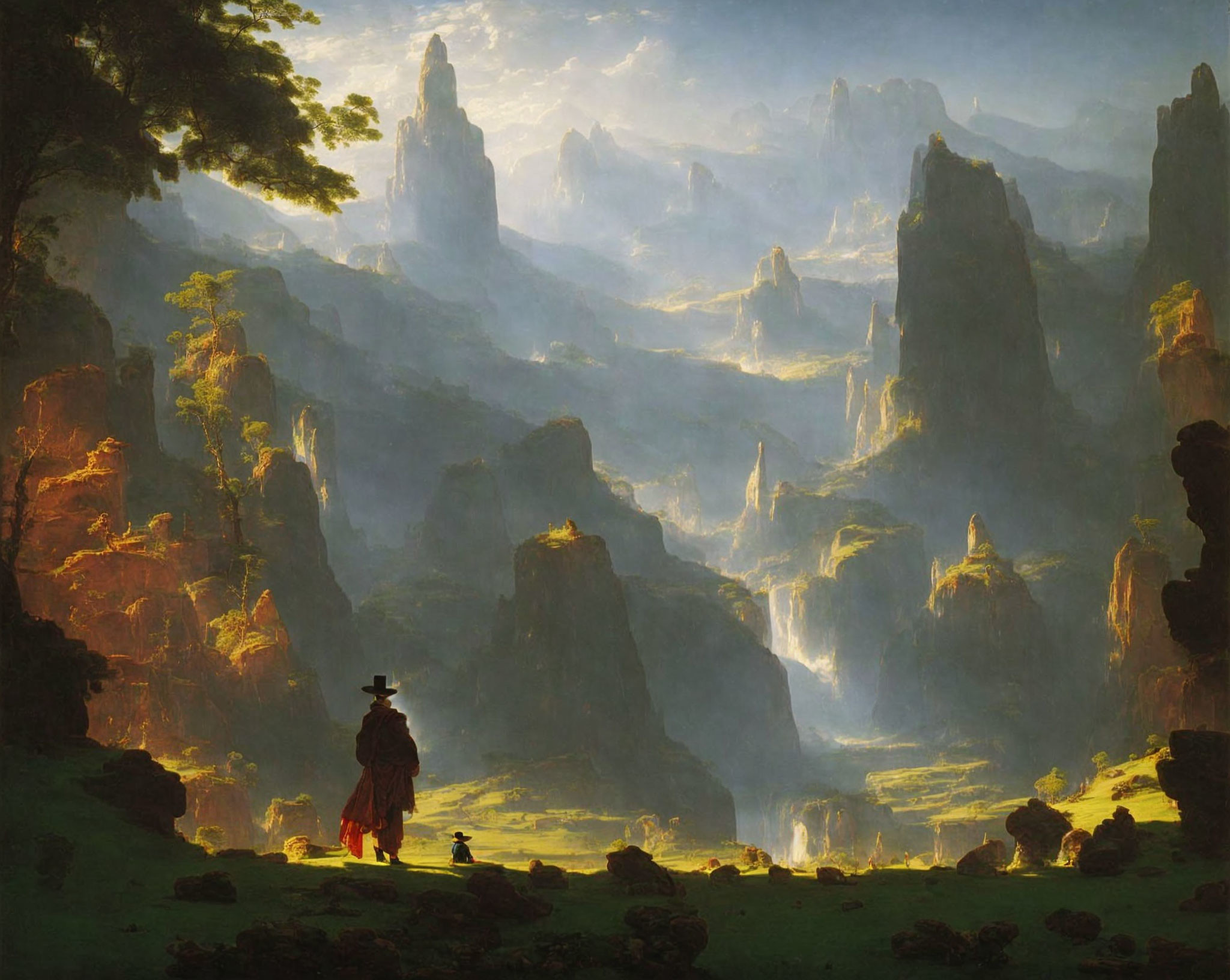 Red Cloaked Figure Gazes at Sunlit Mountain Landscape