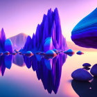 Vivid digital artwork: Purple and blue futuristic rock formations in calm waters under gradient sky.