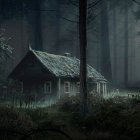 Secluded wooden cabin in misty forest