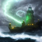 Lighthouse on rugged cliff in stormy sea with lightning bolts