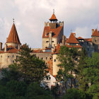 Medieval castle on green hill with towers, ramparts, misty mountains