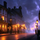 Mystical evening scene: cobbled street, glowing lamps, shadowed figures, vintage architecture.