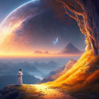 Person in robe on mountain ledge at sunset with large rising planet