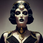 Female mannequin with Egyptian-inspired headdress, dark makeup, jeweled accessories.