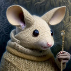 Anthropomorphic mouse in cozy sweater with glowing staff