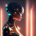 Female humanoid robot with intricate head detail in warm glowing lights