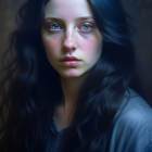 Portrait of woman with long, wavy black hair and blue eyes