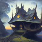 Fantastical treehouse painting with twilight sky and multiple moons