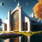 Fantasy castle with elegant arches, stained glass, lush gardens, orbs, bright sky