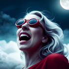 Blonde woman in red sunglasses under moonlit sky