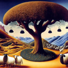 Surreal landscape featuring giant tree, lanterns, rolling hills, path, sheep, twilight sky