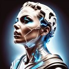 Detailed half-head mechanics of futuristic female robot with blue lighting