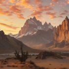 Sunset illuminating mountain peaks and desert plains in serene scene