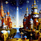 Surreal image of interconnected golden castles and enigmatic face structure