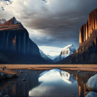 Tranquil landscape with towering rocks, reflective water, sunlight, and lone figure