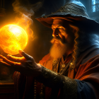 Elderly wizard with long beard and ornate hat gazes at glowing orb