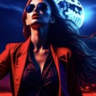 Woman in Red Jacket under Full Moon with Sunglasses