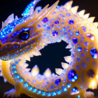 Dragon figurine with blue gems and glowing body on dark background