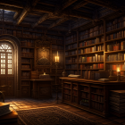 Majestic old library with towering bookshelves & grand chair