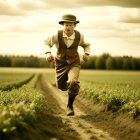 Young boy in vintage clothing running in field under cloudy sky