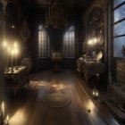 Dimly lit ornate room with antique furniture, candelabras, piano, and large window.